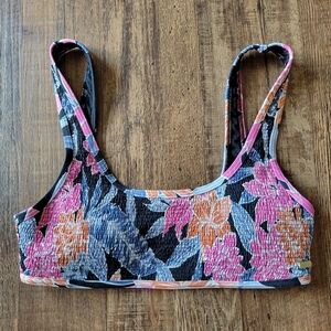 Roxy Black Pink Floral Smocked Bralette Or Swim Top